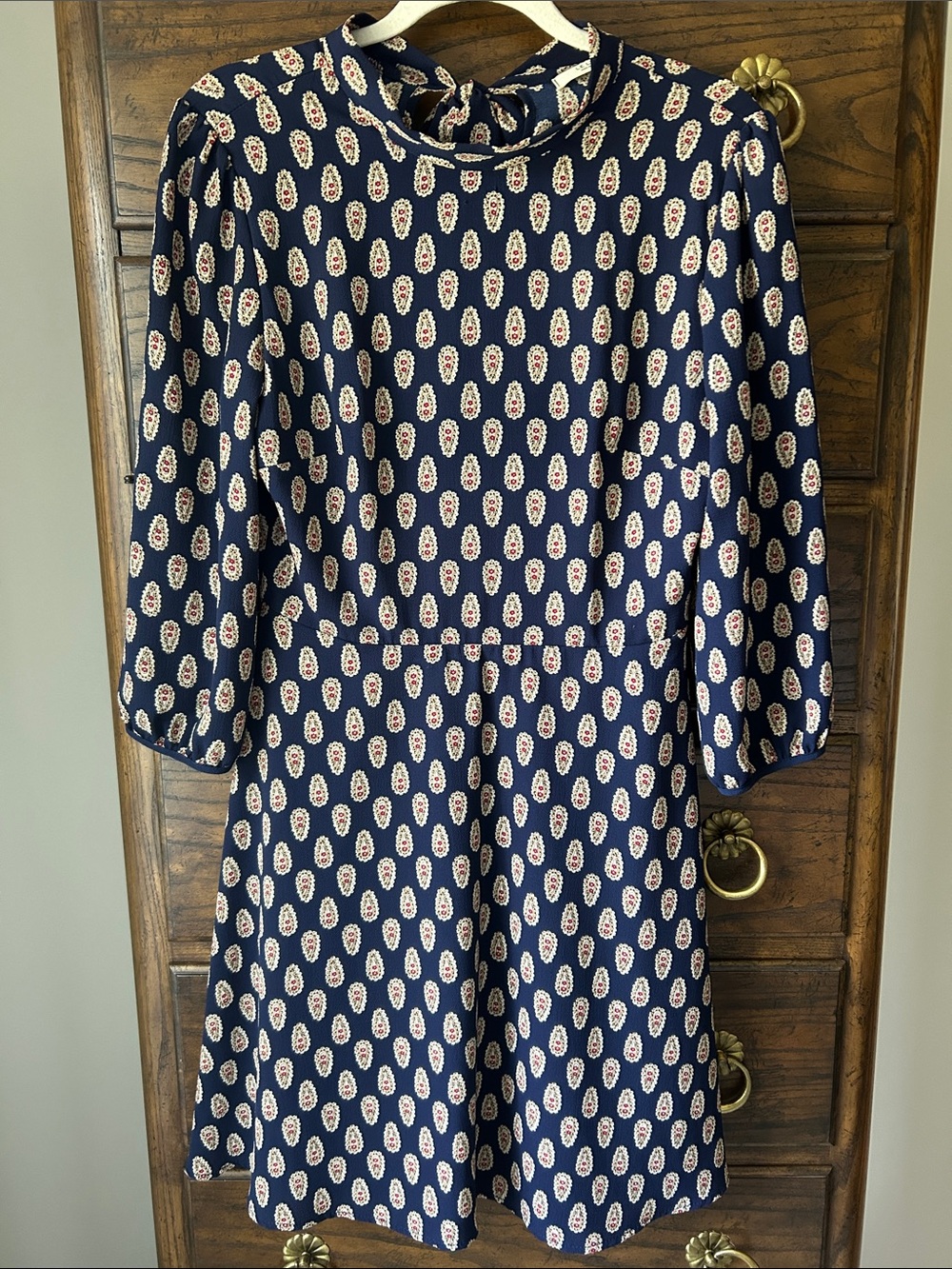 Le Lis Navy Midi Dress with Ivory and Red Teardrop Print, Size S